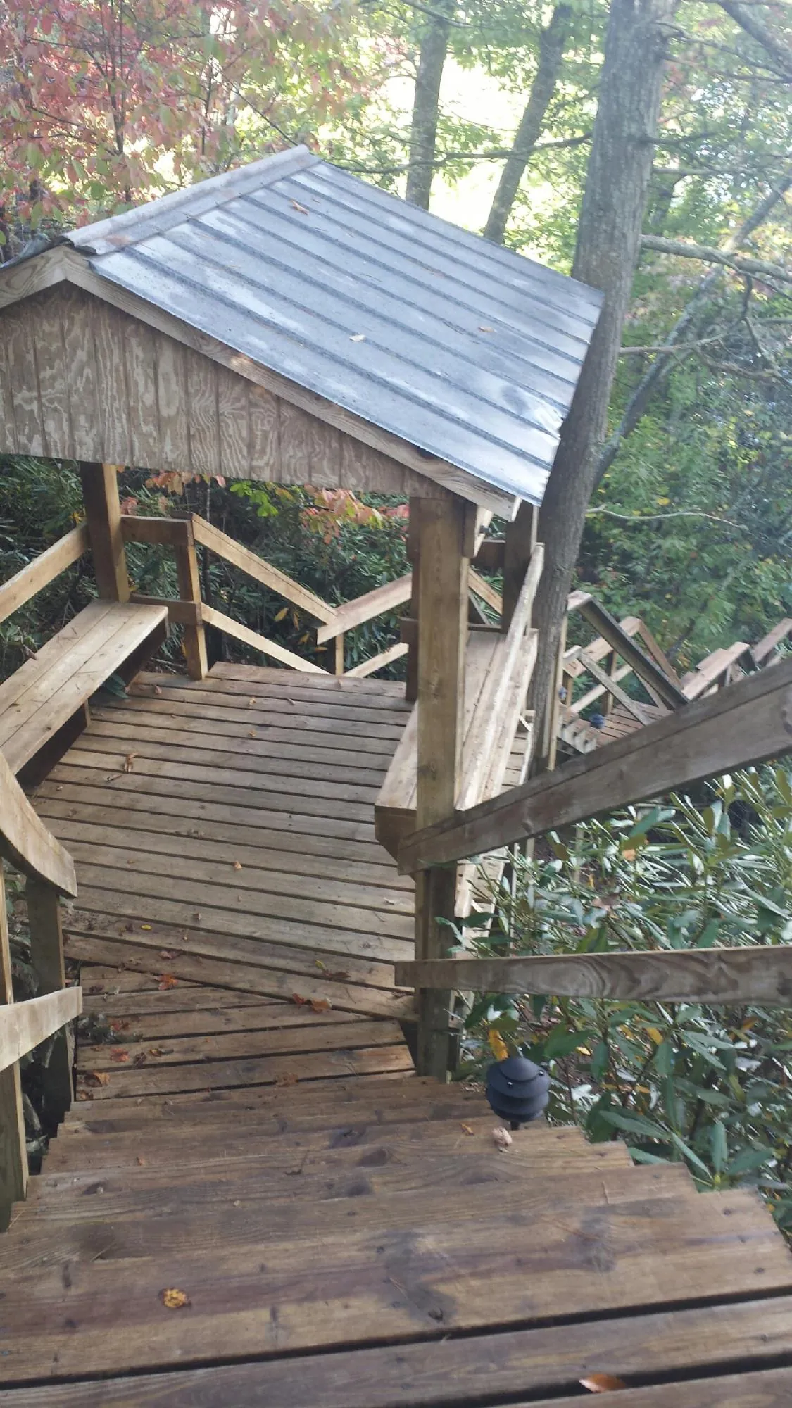 Metal roofed shelter over wooden steps on a wooded walkway — Skylight Repair & Installation work by our crew in Benedict